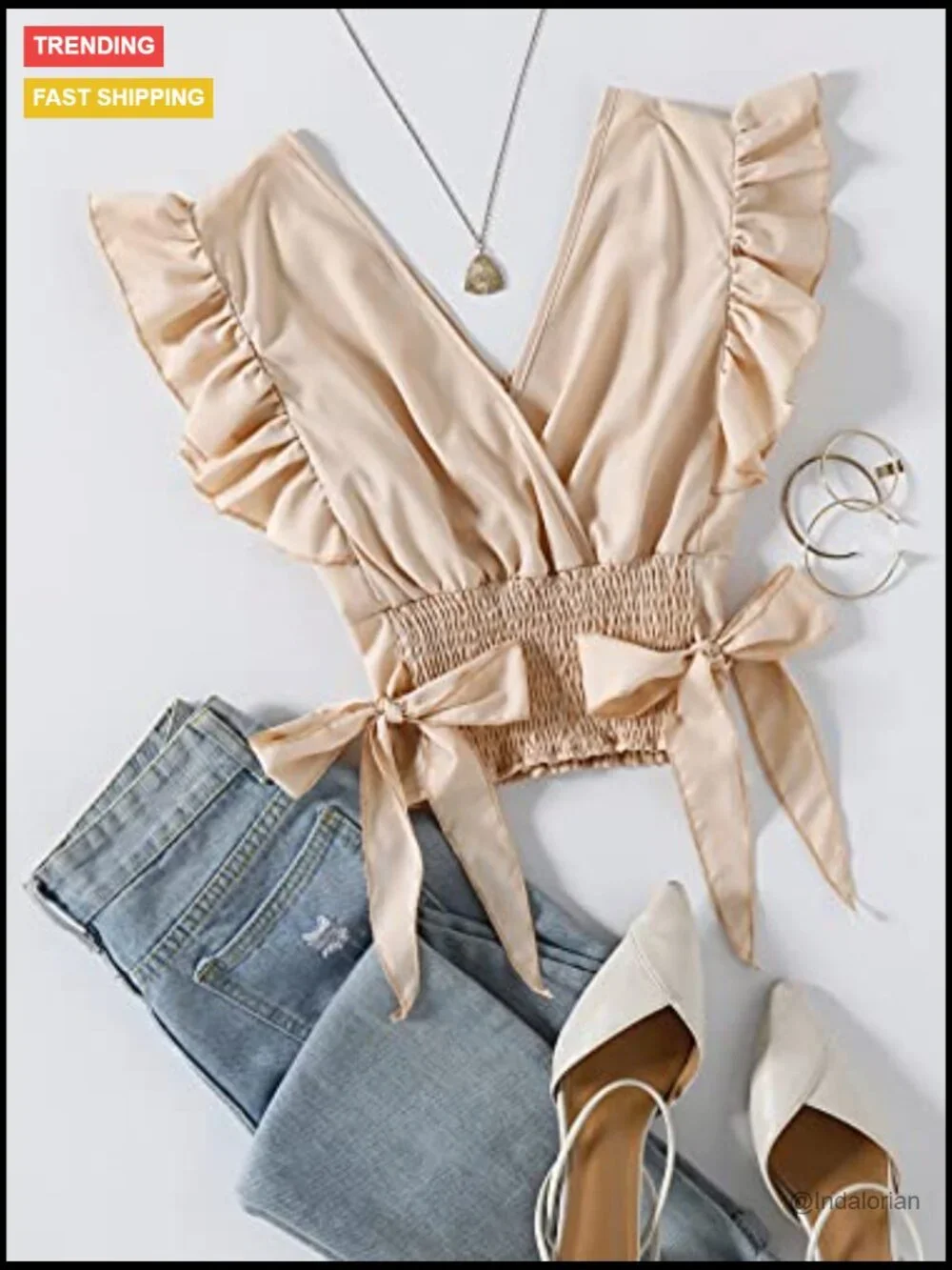 V-Neck Ruffle Cap Sleeve Side Bow Shirred Hem Crop Tank Top - Picture 2 of 5